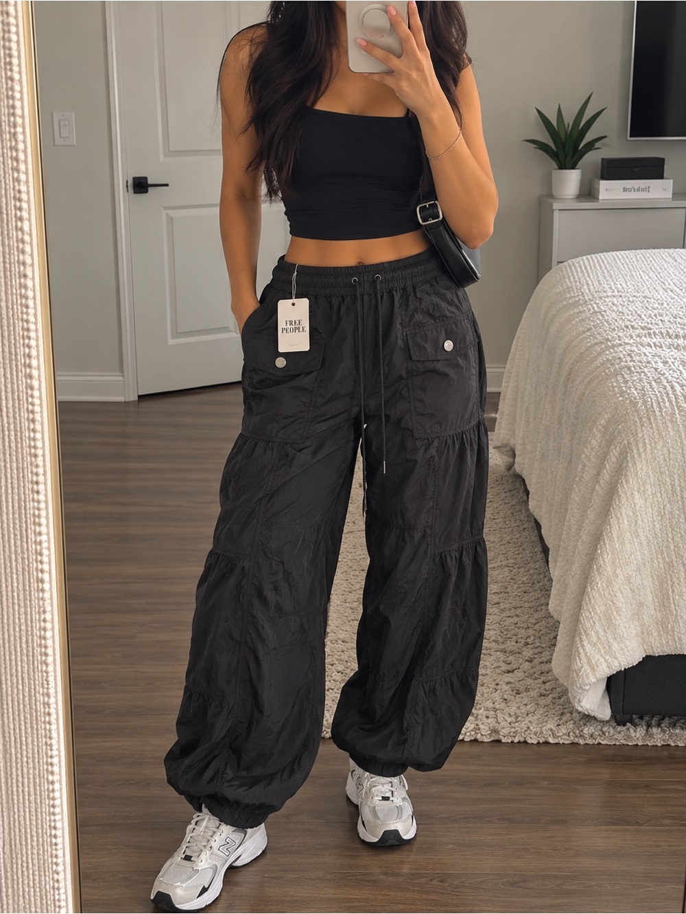 Free People Black Cargo Parachute Pants — NWT